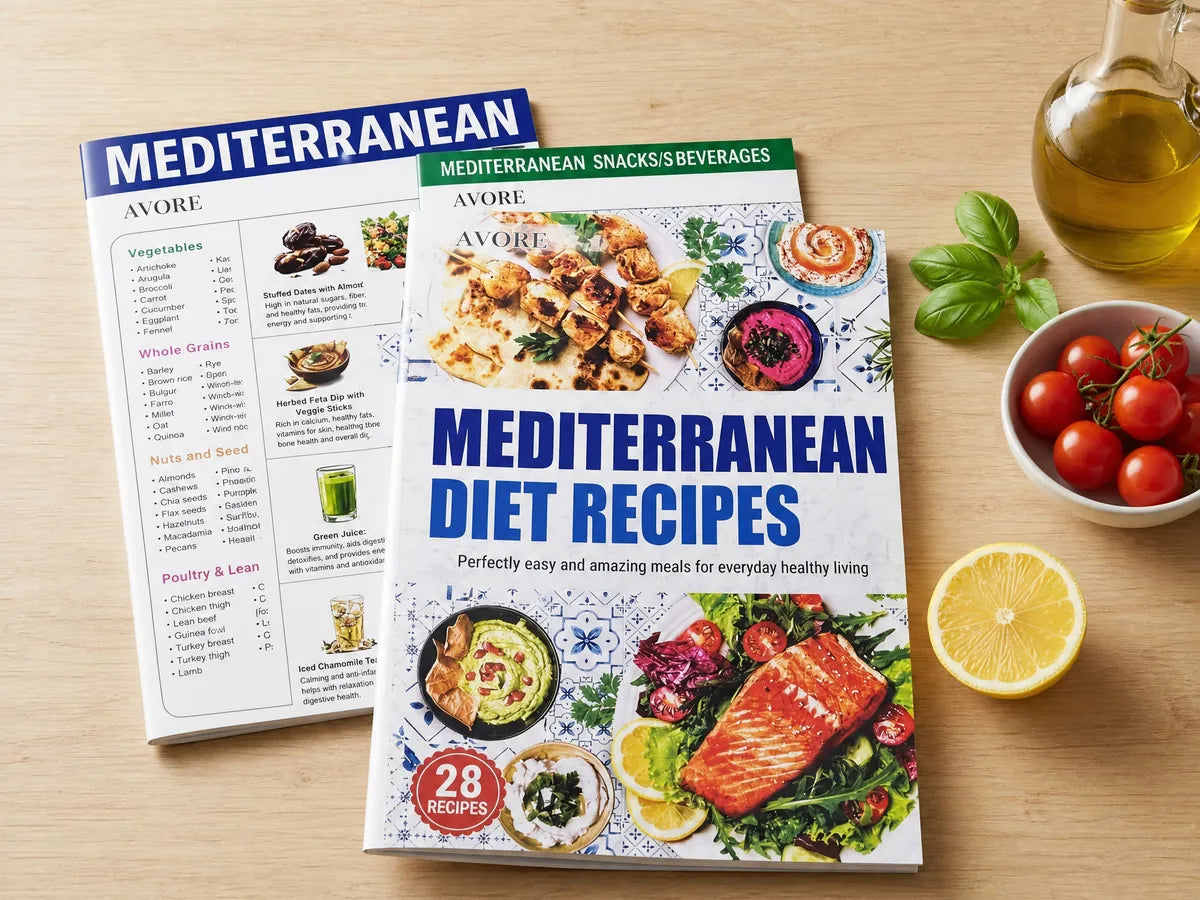 The Avore Mediterranean guides on a kitchen table with tomatoes, lemon and olive oil