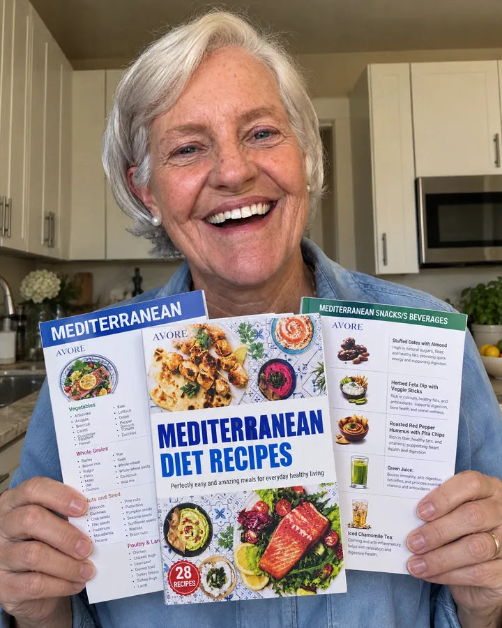 A woman holding the Avore guide set in her kitchen