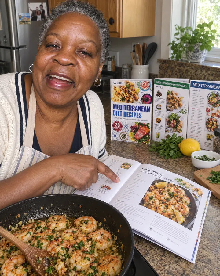 Cooking garlic shrimp with the recipe booklet open