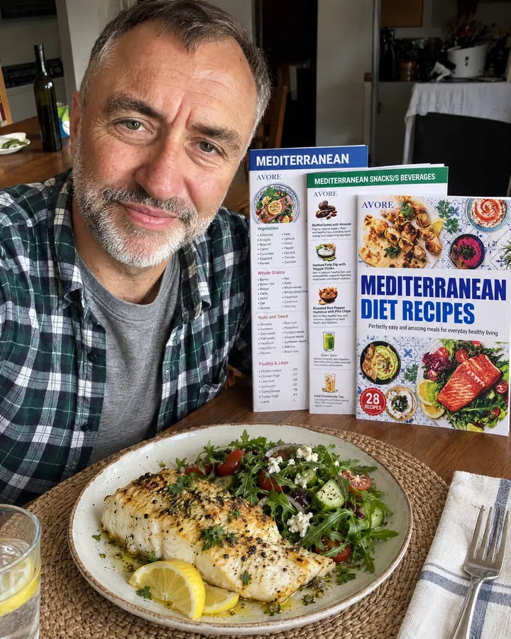 A man at the table with baked cod and the guides