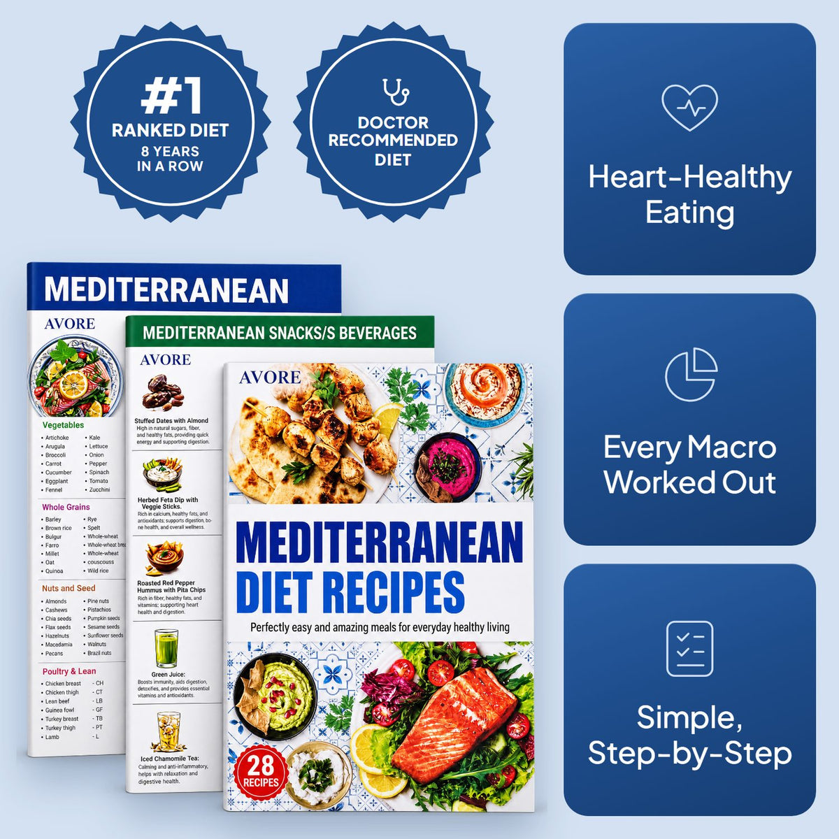 Avore Mediterranean Food Guide 3-guide set: #1 ranked diet 8 years in a row, doctor recommended diet, heart-healthy eating, every macro worked out