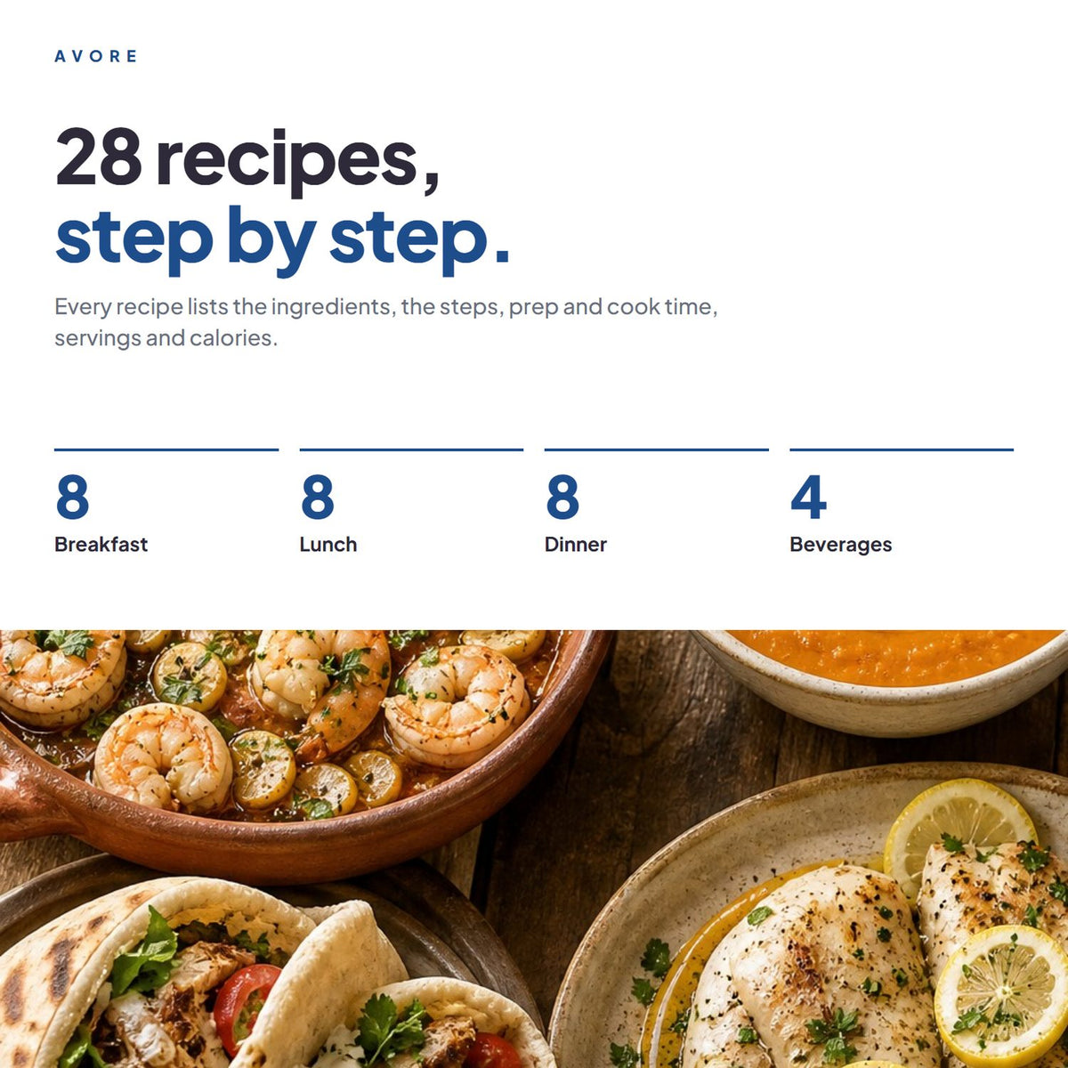 28 step-by-step recipes: 8 breakfast, 8 lunch, 8 dinner, 4 beverages
