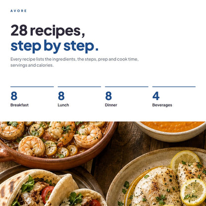 28 step-by-step recipes: 8 breakfast, 8 lunch, 8 dinner, 4 beverages