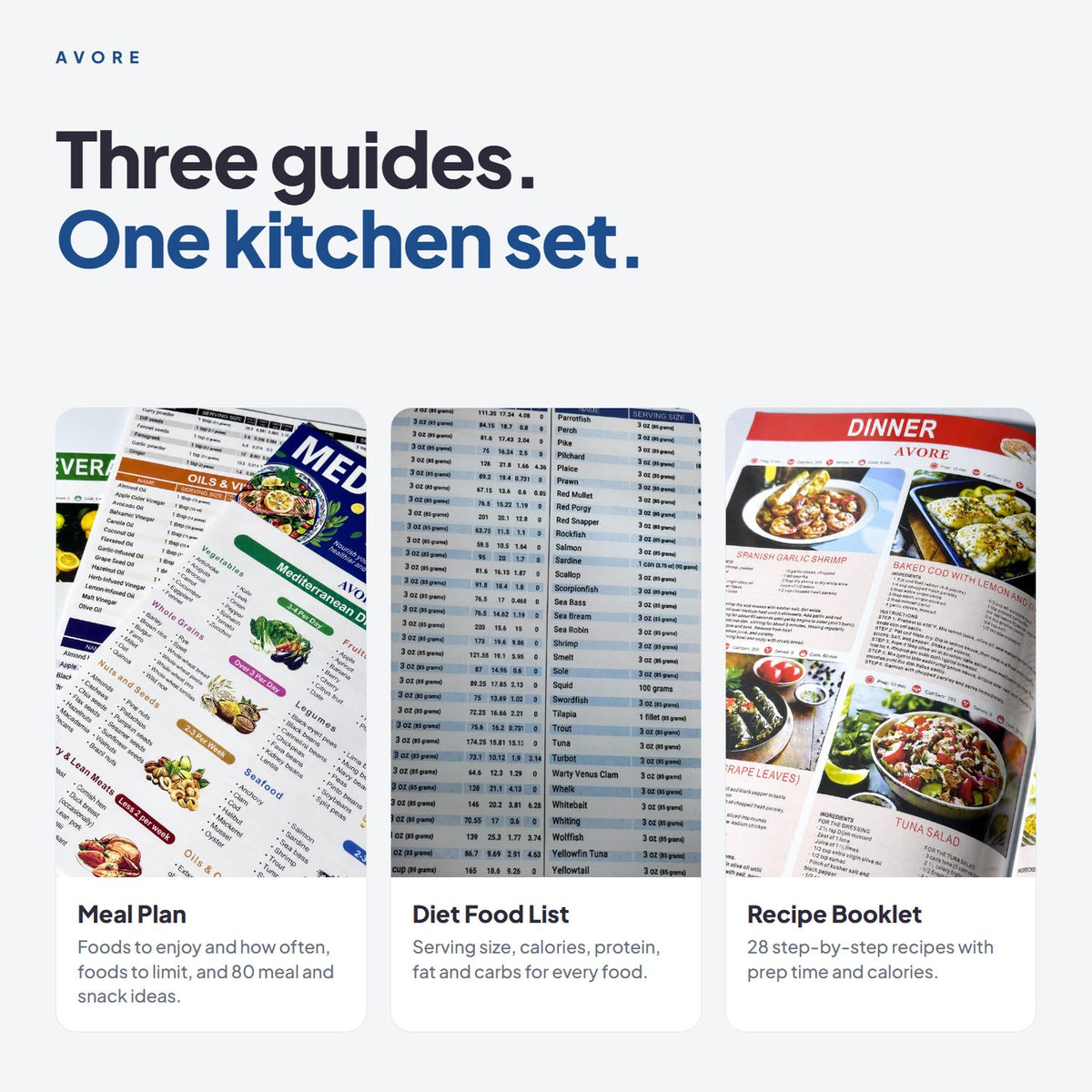 Three guides in one kitchen set: Meal Plan, Diet Food List and Recipe Booklet