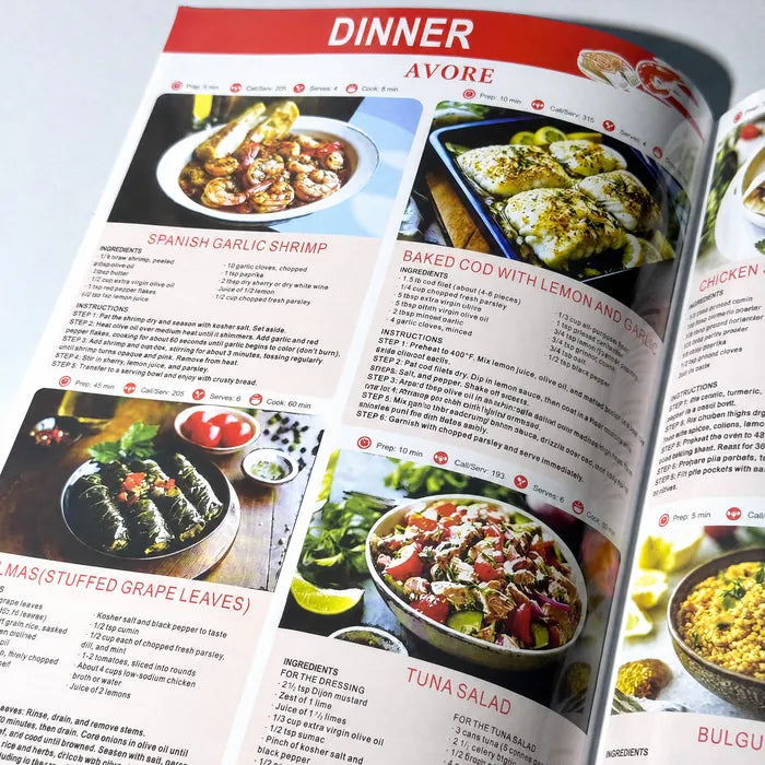 The recipe booklet open at its dinner pages